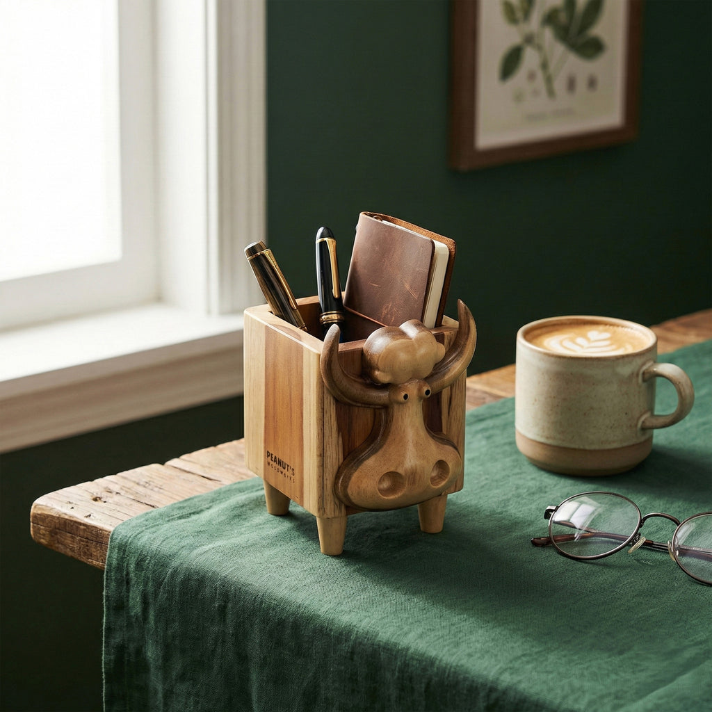 Lọ gỗ vuông đựng đồ mặt bò mũi to - "Nosy" từ Peanut's Woodworks